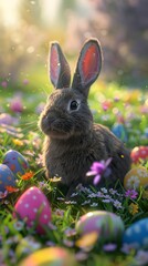 Fototapeta premium 3D render of Adorable bunny in a meadow surrounded by colorful Easter eggs, Photo stock style, clean background, no copyrighted logo, no letters