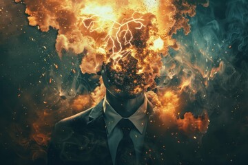 Burning passion a man in a suit and tie captivated by intense flames on his head and face