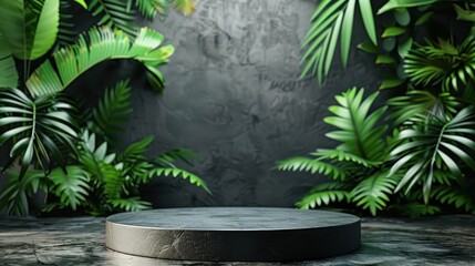 Elegant product presentation scene with black ceramic round podium, soft lighting, and tropical leaves, illustration background