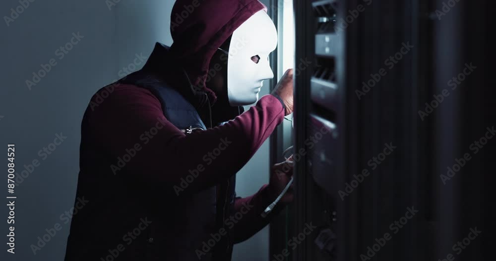 Poster Coding, hacker and person with mask in server room as risk to cybersecurity, wires and data center. Phishing, crime and anonymous thief with ransomware and danger to firewall, database and privacy