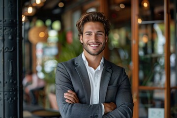 Obraz premium Confident Young Man Standing Outside a Coffee Shop
