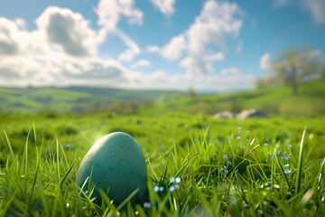 3D render of Scenic countryside with an Easter egg hidden in the grass, Photo stock style, clean background, no copyrighted logo, no letters