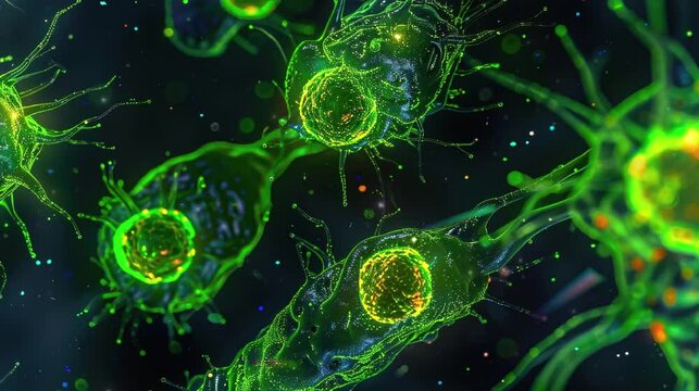 Melanoma cells in green. For studying science, biology. 