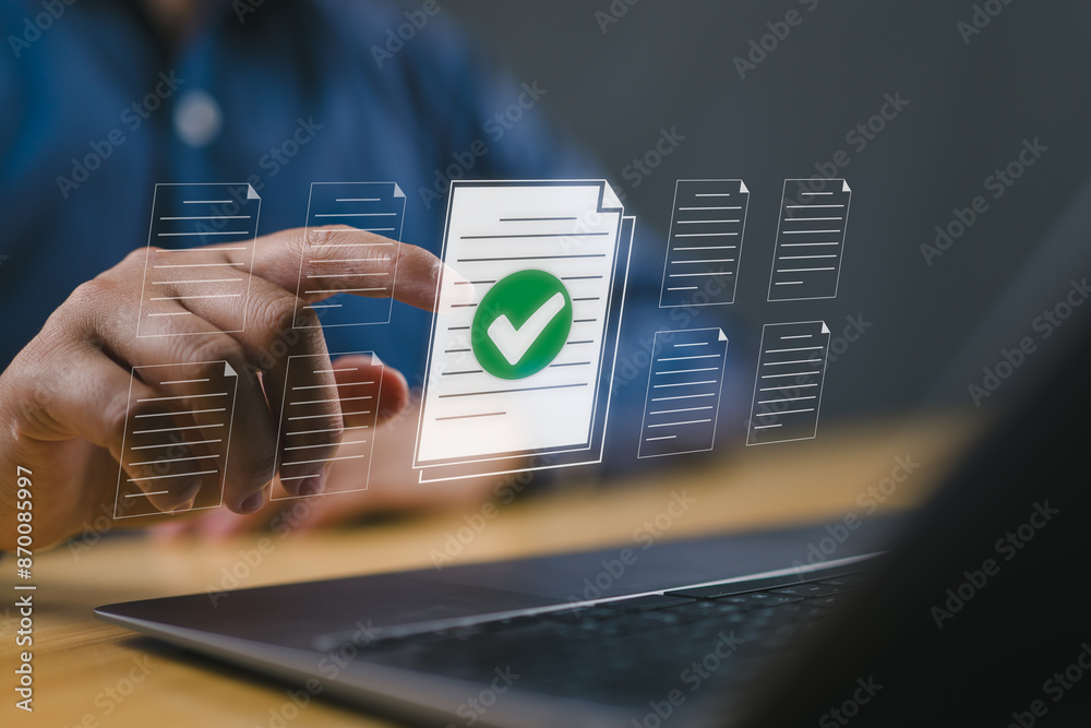 Poster Document management concept. Person use laptop to paperless online approval for business process workflow illustrating management approval and project approve concept.