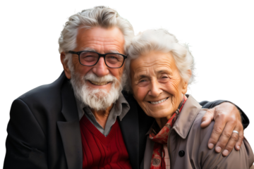 Happy senior couple smiling and embracing each other, isolated on transparent background