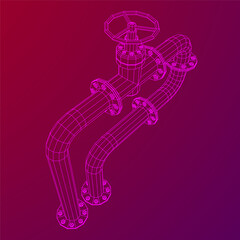 Oil pipeline with valve. Petrol production. Petroleum fuel industry transportation line. Wireframe low poly mesh vector illustration