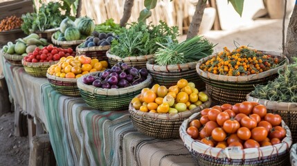 Baskets of fresh fruits and vegetables foraged from the desert line the table.