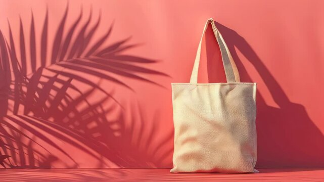 Beige tote bag against pink backdrop with palm shadow
