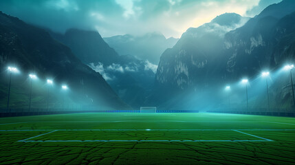 Green rice fields in the mountains. Sports stadium with a lights background, Textured soccer game field with spotlights fog midfield Concept of sport, competition, winning, action, empty area