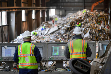 Interior of waste incineration plant with machinery, workers monitoring control panels and safety gear.