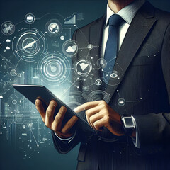Businessman wearing formal suit is holding and typing on laptop. Blurred office workplace in background. Digital interface with globe, bar and pie diagrams in foreground. Concept of future technology
