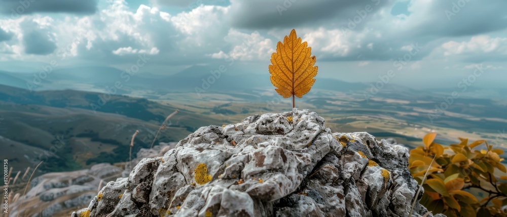 Wall mural A lone yellow leaf sits on a rock outcropping with a valley and mountains in the background. AI.