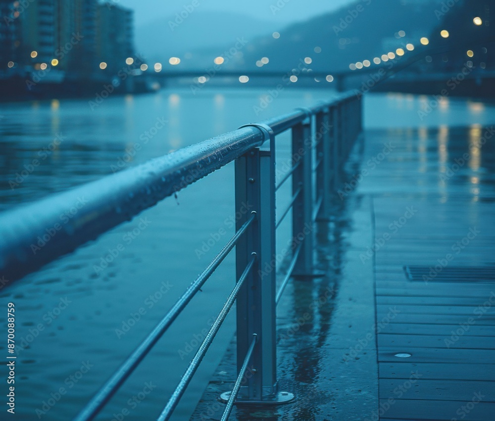 Poster A wet railing on a pier at night. AI.