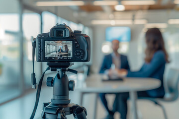 Focused View of a DSLR Camera Displaying a Business Meeting with Two Participants in a Modern Office Setting