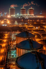 LNG plant, night, illuminated facilities, storage tanks, pipes, operational workers.