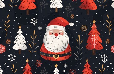 Cheerful Santa Claus Illustration With Christmas Trees and Snowflakes on a Dark Blue Background