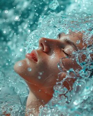 Fototapeta premium A woman's face is submerged in water, with her eyes closed and mouth slightly open. AI.