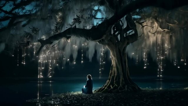 A Woman Sitting Alone Beneath a Glowing Weeping Willow Tree 