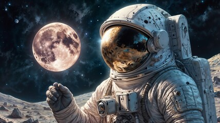 A luminescent elysian moon miner, every aspect radiates ethereal beauty amidst the desolate lunar landscape: shimmering silver spacesuit adorned with intricate celestial patterns.