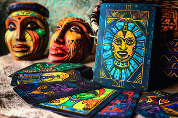 Obraz premium African-inspired tarot deck with colorful masks and designs