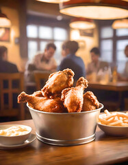 Savory Delights. Crispy Fried Chicken Feast, Served In A Metal Bucket With Chips And a Dip,. In A Rustic setting.