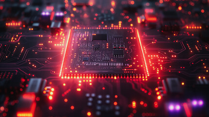 Obraz premium Abstract electronic circuit board with symmetrical patterns, vibrant colors, and high detail, tech art background