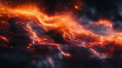 Fototapeta premium Abstract background: molten lava flowing on a volcano's surface, with a close-up view of the molten lava and a glowing ember in the foreground.