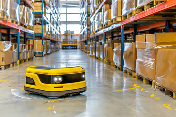 Automated guided vehicles in warehouse: Robots moving pallets within a high-tech logistics center.