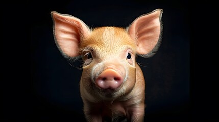 Cute happy baby pig face isolated on black. 