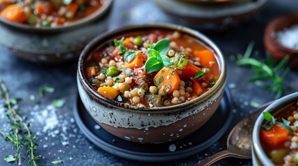 A hearty vegetarian buckwheat minestrone filled with a variety of vegetables and herbs.