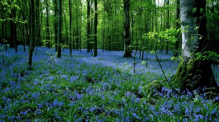 A carpet of bluebells covers the forest floor, their bell-shaped flowers creating a magical woodland scene.