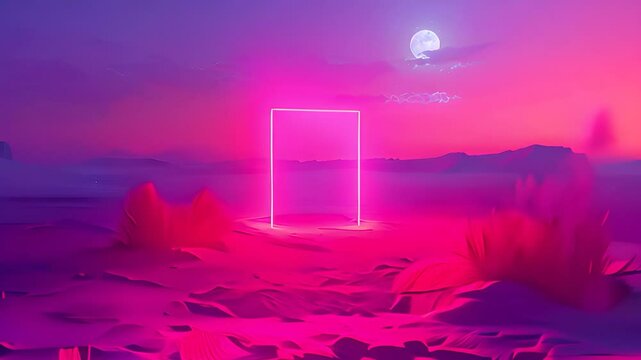 Surreal neon door in dream landscape, Pink glowing frame in moonlit night, Vibrant mystical fantasy dreamlike desert sand environment