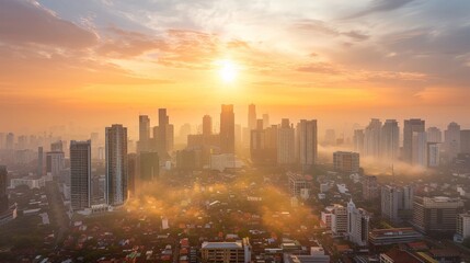 Fototapeta premium A cityscape bathed in the soft glow of sunrise looks almost magical, the buildings and streets coming to life with the new day.