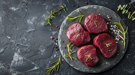 Raw venison steaks on stone platter gourmet food photography commercial ingredients