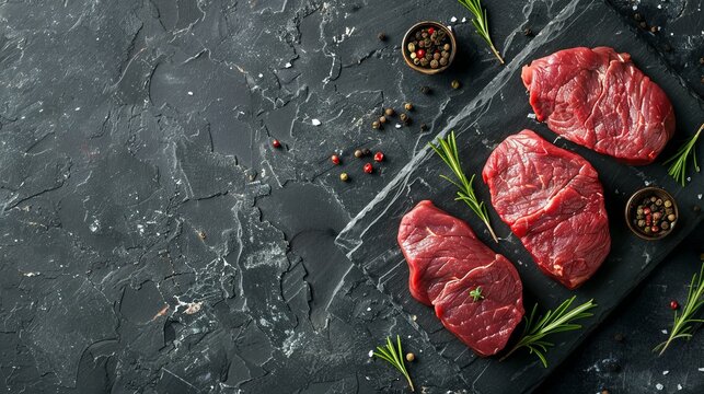 Raw venison steaks with rosemary and pepper on dark surface gourmet food photography