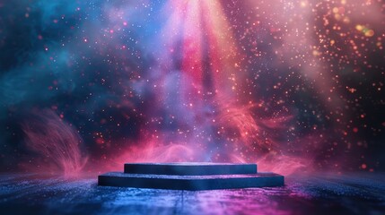Podium amidst a storm of colorful sparks and light beams, illustration background