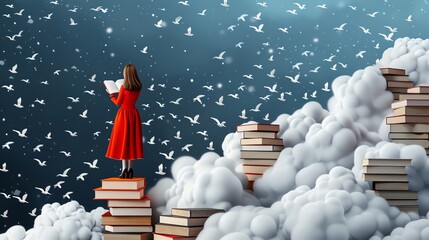 A girl stands on top of clouds and reads books