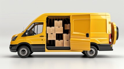 a yellow delivery van with an open door full of cardboard boxes isolated on a white background. 