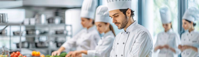 A group of chefs in a kitchen preparing food.