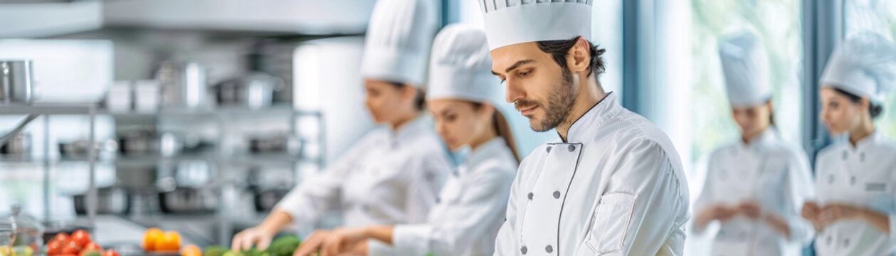 A group of chefs in a kitchen preparing food.