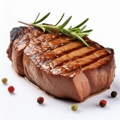 Photorealistic grilled steak photoshoot featuring a smoky background, isolated on a white or transparent backdrop in PNG format.