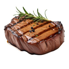 Photorealistic grilled steak photoshoot featuring a smoky background, isolated on a white or transparent backdrop in PNG format.