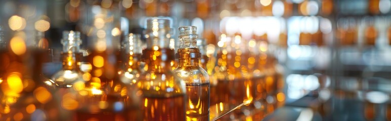 Collection of amber glass bottles with blurred lights