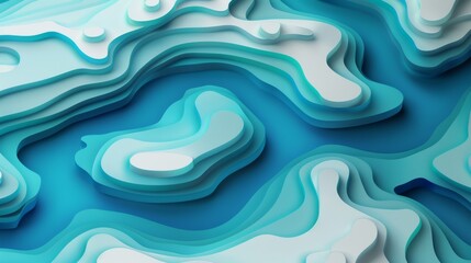 Fototapeta premium Abstract blue and white 3D paper cut landscape, topographic map style with layered contours and fluid shapes, evoking a sense of depth.