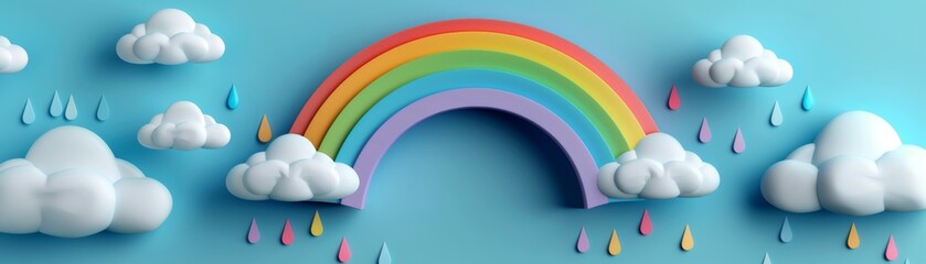 Fototapeta premium Colorful 3D rainbow and clouds with raindrops on a blue background, perfect for children's decor or happy, vibrant designs.