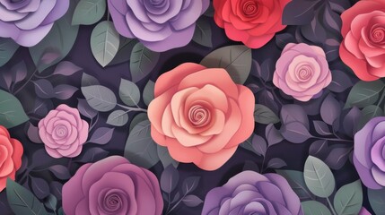 Fototapeta premium Elegant floral backdrop featuring a variety of roses in different colors and shades, creating a soothing, decorative pattern of blooms and leaves.