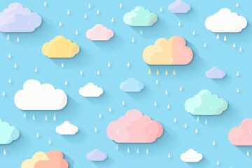 Fototapeta premium Seamless pattern of colorful clouds with raindrops on a blue background. Perfect for children's designs, wallpapers, and playful themes.