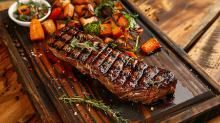 A perfectly grilled steak on a wooden board, garnished with fresh herbs and served with a side of roasted vegetables
