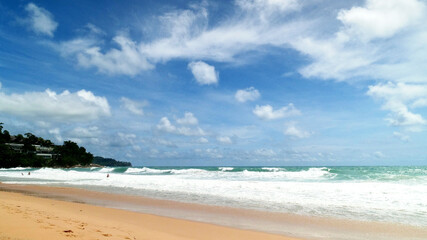 Blue sea white beach turquoise ocean wave coastal in tropical paradise landscape. Beautiful scene seascape marine coastline destinations. Tropical beautiful blue ocean lagoon lake travel summer time.