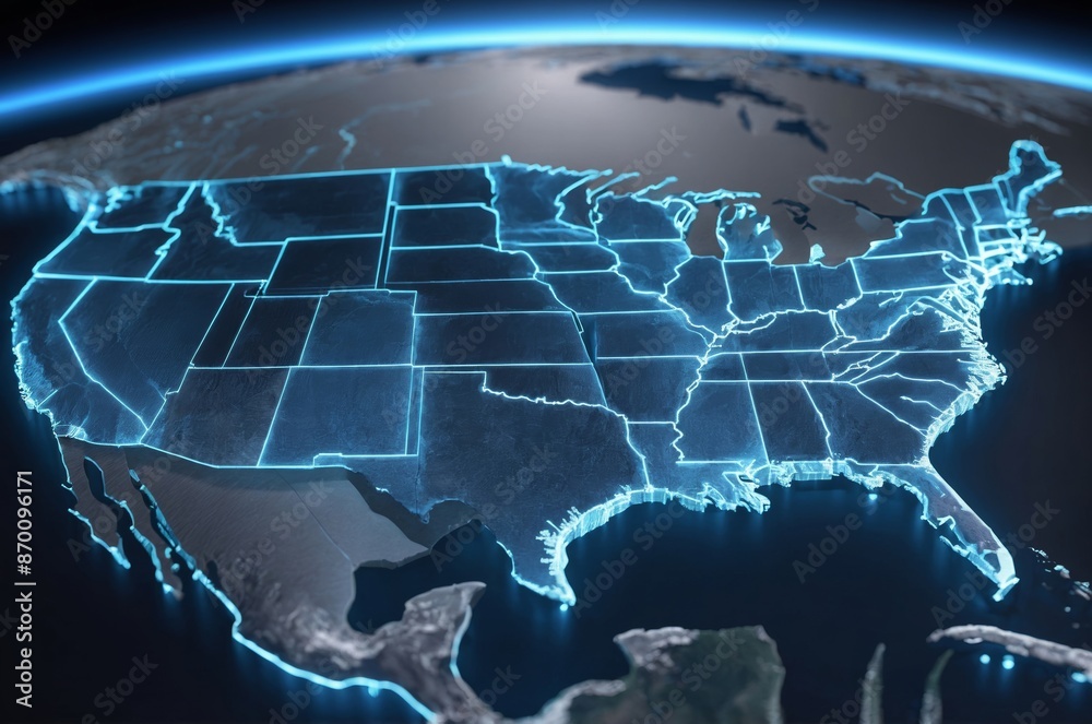 Wall mural 3d rendering of united states map with borders outlined in glowing blue lines